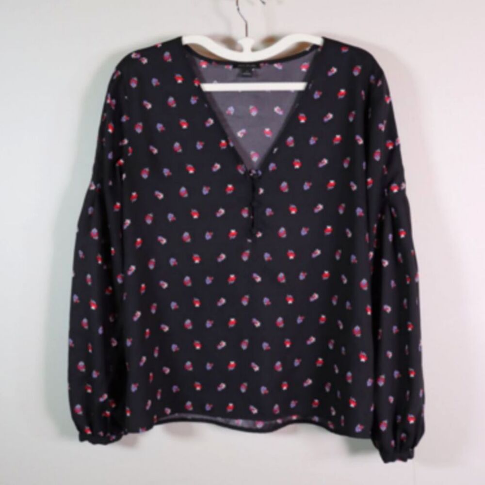Ann Taylor Black Floral V-Neck Work Blouse Long Sleeve Flowy Top Small